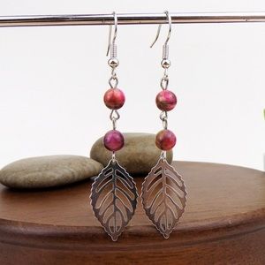 🔥🆕 Pink Brown Tiger Eye Bead Leaf Earrings
